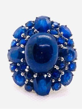 Vtg Moghul Gripoix Glass Cabochon Marquis Rhinestone Brooch Cobalt Blue Mogul